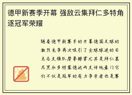 德甲新赛季开幕 强敌云集拜仁多特角逐冠军荣耀